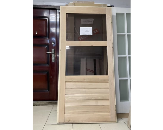 Дверной блок для бани из ольхи, коробка из ели, неокрашенная, со стеклопакетом одинарным бронза, с петлями, но без ручки и замка, 900*1920 мм