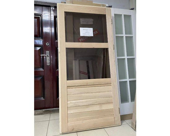 Дверной блок для бани из ольхи, коробка из ели, неокрашенная, со стеклопакетом одинарным бронза, с петлями, но без ручки и замка, 900*1920 мм